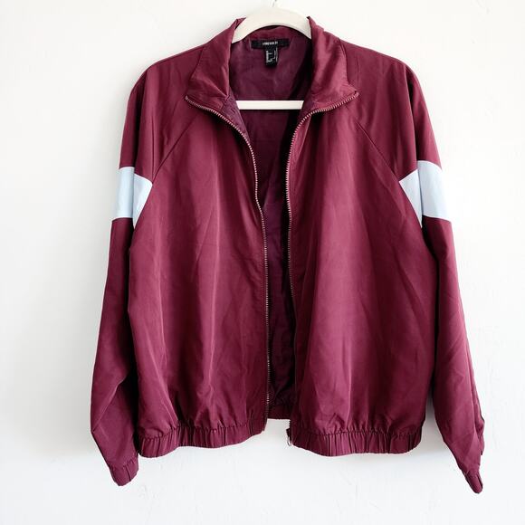 Forever 21 Crimson Maroon Lightweight Windbreaker Jacket Zip Up Size Large - Picture 2 of 6
